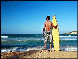 Surfing, Mężczyzna, Morze, Plaża, Fale