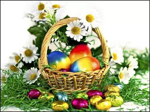 Jajka, Kwiaty, Wielkanoc, Zieleń, Koszyczek, Pisanki