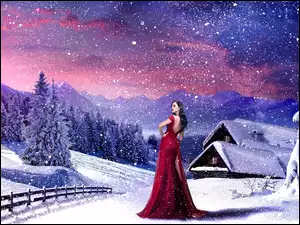 Kobieta, Czerwona, Drzewa, Ogrodzenie, Góry, Śnieg, Domki, Suknia
