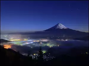 Mgła, Noc, Wulkan, Japonia, Drzewa, Fudżi, Miasto