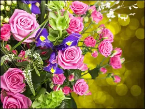 Kwiaty, Irysy, Bukiet, Róże