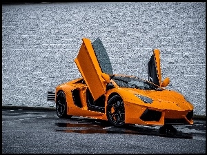 Deszcz, Pomarańczowe, Lamborghini Aventador