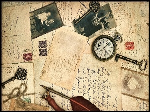 Vintage, Listy, Klucze, Zegarek Kieszonkowy, Pióra