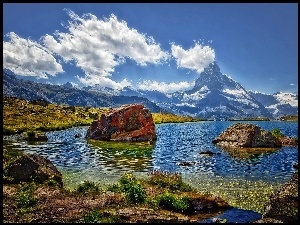 Matterhorn, Głazy, Alpy, Roślinność, Szczyt, Jezioro