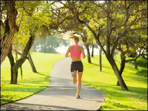 Jogging, Park, Drzewa, Aleja, Kobieta