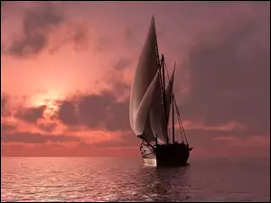 Żaglówka na morzu otulona zachodem słońca