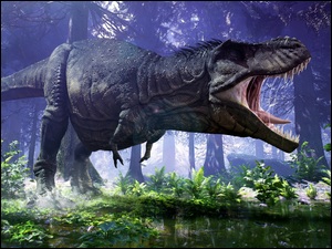Zły Tyranozaur w lesie w grafice 3D
