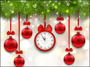 Czerwone bombki wiszące na gałązce i zegar odmierzający czas do Nowego roku