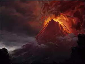 Wulkan ziejący ogniem w grafice paintography