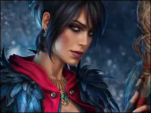 Kobieca postać z włócznią w grze komputerowej Dragon Age