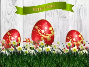Wielkanocne pisanki w trawie z żonkilami i życzenia w grafice 2D