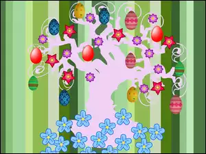 Wielkanocna grafika 2D z pisankami i drobnymi kwiatkami na drzewie