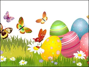 Wielkanocna grafika 2D z motylkami fruwającymi nad pisankami w trawie
