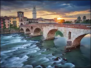 Most, Promienie, Włochy, Słońca, Werona, Rzeka