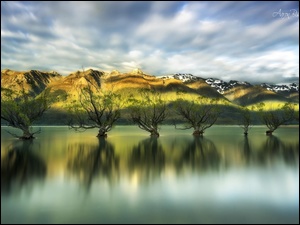 Jezioro, Molo, Góry, Drzewa