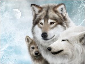 Grafika z wilkami na śniegu i widocznym księżycem w oddali