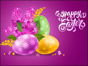 Wielkanocna grafika 2D z pisankami w kwiatach i życzeniami