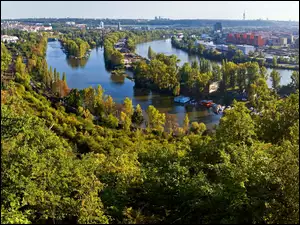 Miasto, Panorama, Rzeka, Drzewa