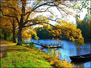 Jesień, Łódka, Pomost, Rzeka, Park