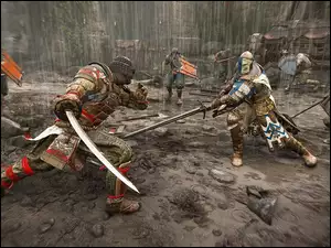Samuraje podczas bitwy w deszczu w grze komputerowej For Honor