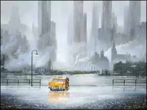 Obraz zakochanych przy taksówce w deszczu