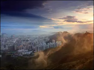 Chiny, Zachód słońca, Hong Kong, Panorama