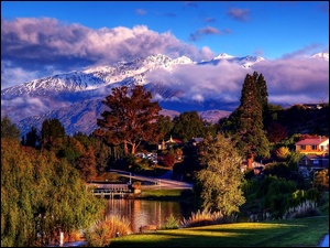 Nowa Zelandia, Góry, Domy, Rzeka, Miasteczko Wanaka Otago