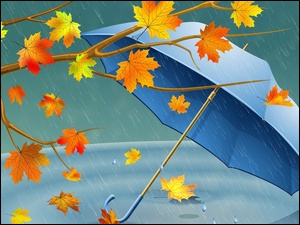 Jesienne, Deszcz, Liście, Parasol