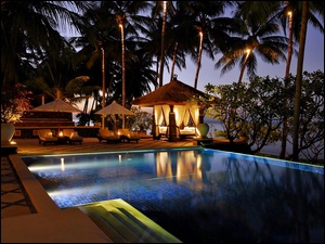 Bali, Hotel, Palmy, Basen, Noc