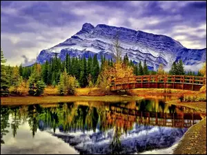 Jesień, Lasy, Kanada, Narodowy, Góry, Park, Most, Banff, Rzeka