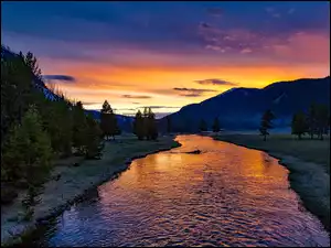 Park Narodowy Yellowstone, Góry, Stany Zjednoczone, Zachód słońca, Stan Wyoming, Rzeka Yellowstone