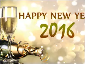 Happy, New, Kieliszki, 2016, Szampan, Bokeh, Napis, Year