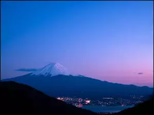 Jezioro, Noc, Fudżi, Japonia, Miasto, Góry
