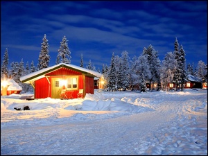Zima, Finlandia, Domy, Noc