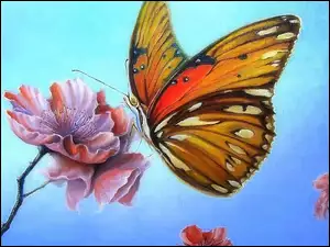 Kwiat, Malarstwo, Motyl, Obraz, Motylek