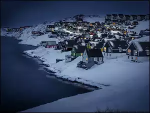 Wybrzeże, Noc, Miasteczko, Zima, Góry, Norwegia
