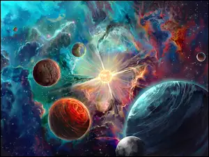 Kosmos z planetami w grafice 2D