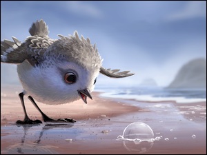 Ptak na plaży wpatruje się w bańkę w grafice 2D