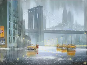Taksówki oświetlone latarniami mokną w deszczu
