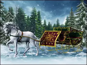 Sanie Mikołaja ciągnione przez białego konia przez las