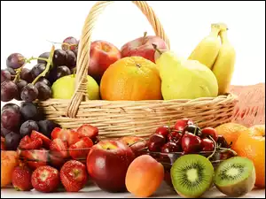 Jabłka, Winogrona, Truskawki, Banany, Owoców, Pomarańcze, Kosz, Kiwi, Wiśnie, Gruszki