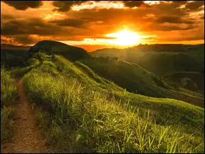 Filipiny, Pole, Ścieżka, Zachód słońca, Chmury