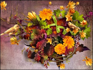 Art, Jesienny Bukiet, Liście, Kwiaty, Ptaszki