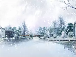 Mostek, Zima, Drzewa, Rzeka, Domy