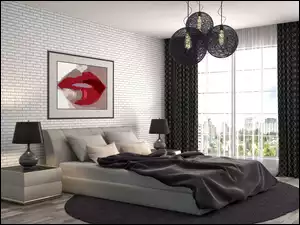 Wnętrze umeblowanej sypialni z obrazem ust nad łóżkiem