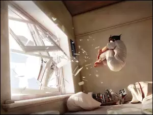 Człowiek unoszący się nad łóżkiem przy rozbitym oknie w grafice fantasy