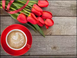 Kawa obok tulipanów