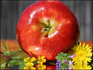 czerwone jabłuszko z kolorowymi kwiatkami