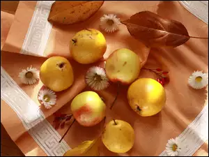 Serwetka z jabłkami stokrotkami i jesiennymi liśćmi