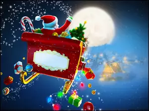 Mikołaj w saniach pędzi między chmurami i gubi po drodze prezenty